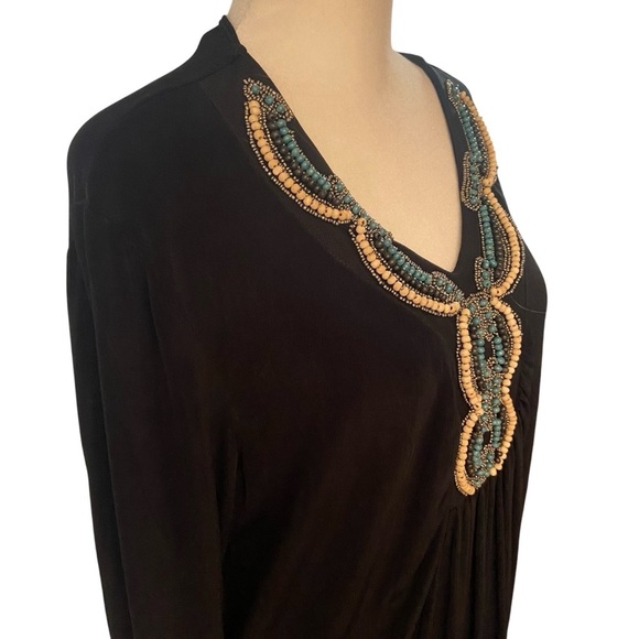 Chico's Travelers Beaded Embellished Slinky Knit Tunic Top Size L Black Flowy - Picture 5 of 13
